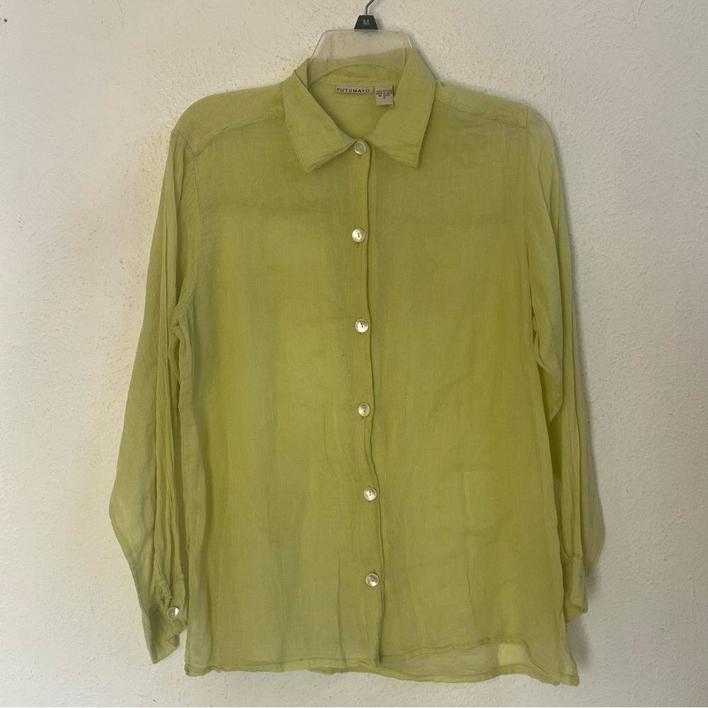 - Putumayo lime green cotton button up shirt